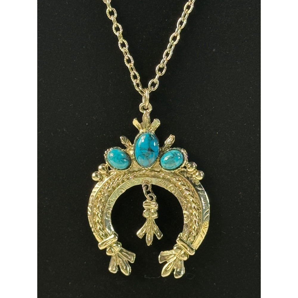 Western Horseshoe Squash Blossom Turquoise Necklace Silver Tone - Picture 3 of 7